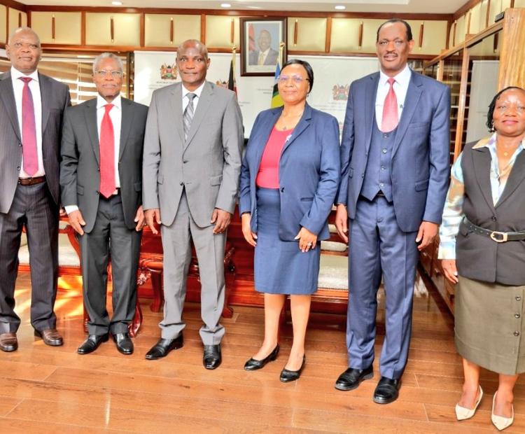 Courtesy call on the National Treasury Cabinet Secretary, Hon. FCPA John Mbadi by he Kenya Methodist University (KeMU) Chair of the Board of Trustees, Rev. Prof. Samuel Kobia, together with Rev. Catherine Mutua, Chairperson of the University Council; Vice-Chancellor, Rev. Prof. John Kobia Ataya; and Hon. Rachael Ameso, Member of the University Council